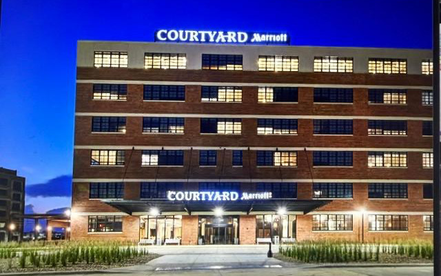 After — Courtyard by Marriott entrance at dusk, Waterloo, Iowa
